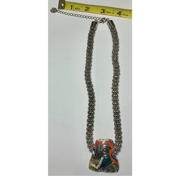 Artist Rainbow Mixed Media Abalone Mosaic Trapezoid Silver Necklace - Picture 10 of 10